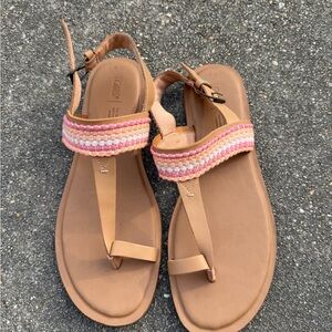 TOMS Bree Pink/Orange Sandals Size W12 Beach Boho Spring Summer Leather ToeLoop